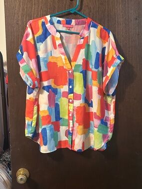 Flying tomato Bright Multi-Color Brushstroke Button-Up Top - Women